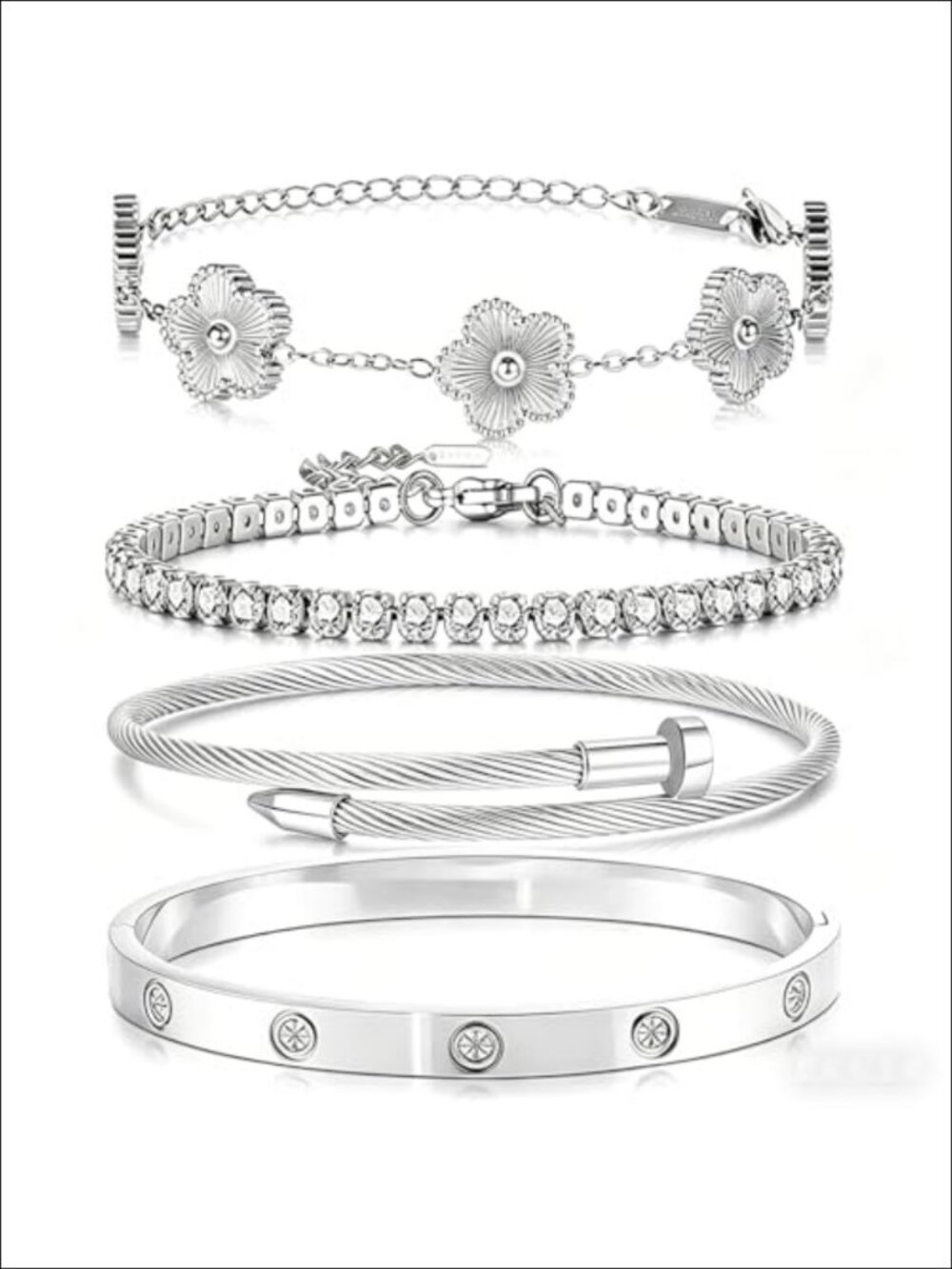 18K Gold Plated Stackable Clover Bracelet Set Stainless Steel Cubic Zirconia